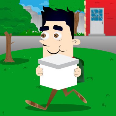 Okul çocuğu holding beyaz kutu. Vektör çizgi film karakteri çizim.