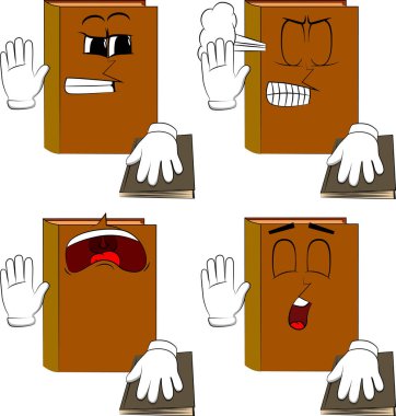 Onun yetiştirme kitap el ve diğer kutsal bir kitap koymak. Kızgın ve üzgün yüzlerle karikatür kitap koleksiyonu. İfadeler kümesi vektör.