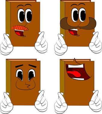 Onun parmak kapısı ve iyi şans için isteyen kitaplar. Karikatür kitap koleksiyonu ile mutlu yüzler. İfadeler kümesi vektör.