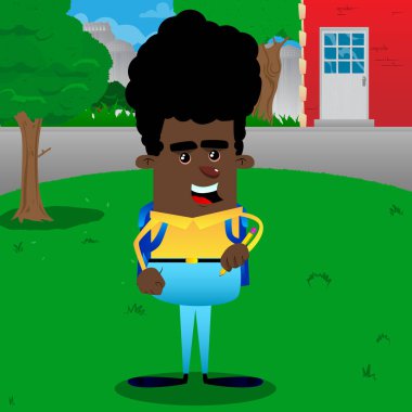 Okul çocuğu holding kalem. Vektör çizgi film karakteri çizim.