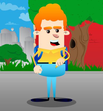 Okul çocuğu holding kalem. Vektör çizgi film karakteri çizim.