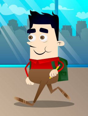 Okul çocuğu holding kalem. Vektör çizgi film karakteri çizim.