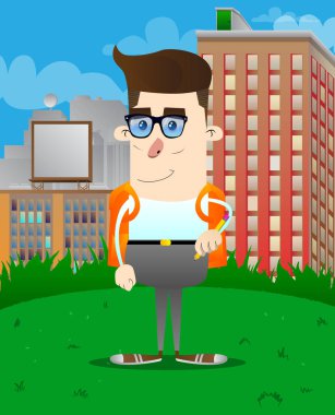 Okul çocuğu holding kalem. Vektör çizgi film karakteri çizim.