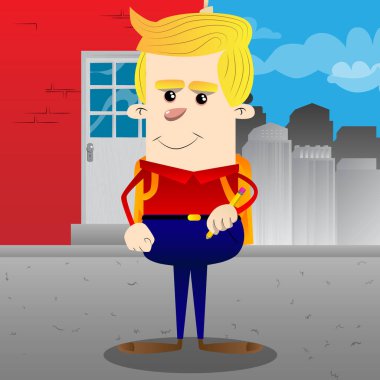 Okul çocuğu holding kalem. Vektör çizgi film karakteri çizim.