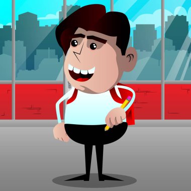 Okul çocuğu holding kalem. Vektör çizgi film karakteri çizim.