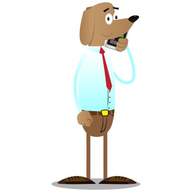Resimli iş köpek cep telefonuyla konuşuyor karikatür.