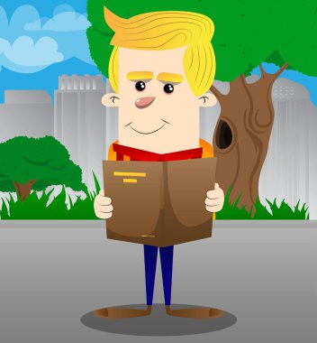 Öğrenci kitap okuma. Vektör çizgi film karakteri çizim.