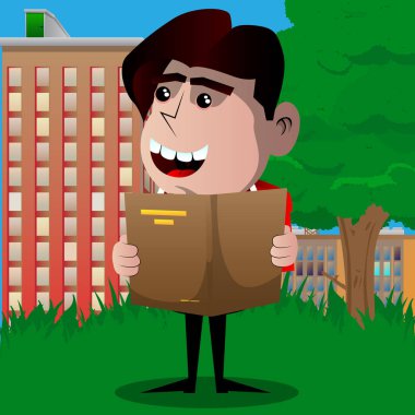 Öğrenci kitap okuma. Vektör çizgi film karakteri çizim.