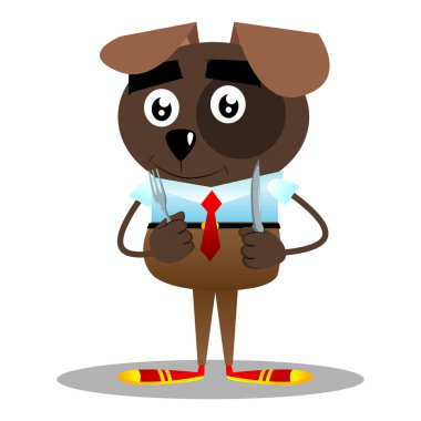 Bir bıçak ve çatal tutan resimli iş köpek çizgi film.