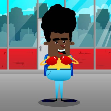 Yumruklarını önünde giyen boks eldivenleri savaşmaya hazır tutan okul çocuğu. Vektör çizgi film karakteri çizim.