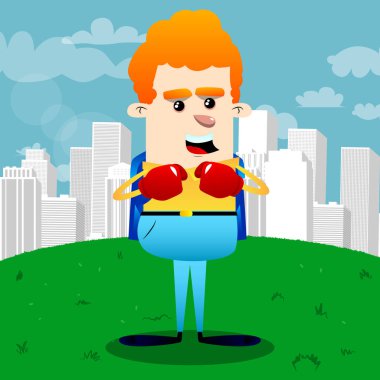 Yumruklarını önünde giyen boks eldivenleri savaşmaya hazır tutan okul çocuğu. Vektör çizgi film karakteri çizim.