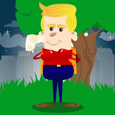 Yumruklarını önünde giyen boks eldivenleri savaşmaya hazır tutan okul çocuğu. Vektör çizgi film karakteri çizim.