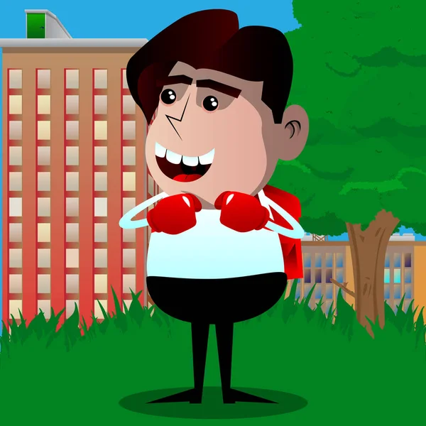 Yumruklarını önünde giyen boks eldivenleri savaşmaya hazır tutan okul çocuğu. Vektör çizgi film karakteri çizim.
