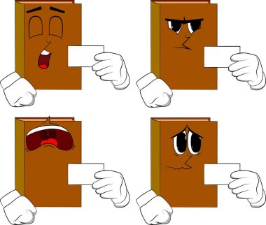 Boş beyaz kartı mockup tutan kitaplar. Karikatür kitap koleksiyonu ile yüzleri üzgün. İfadeler kümesi vektör.