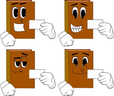 Boş beyaz kartı mockup tutan kitaplar. Karikatür kitap koleksiyonu ile mutlu yüzler. İfadeler kümesi vektör.
