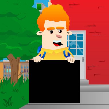 Okul çocuğu holding boş siyah işareti. Vektör çizgi film karakteri çizim.