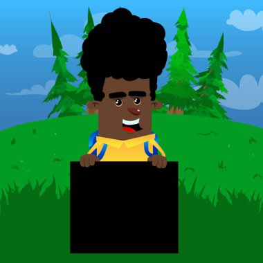 Okul çocuğu holding boş siyah işareti. Vektör çizgi film karakteri çizim.