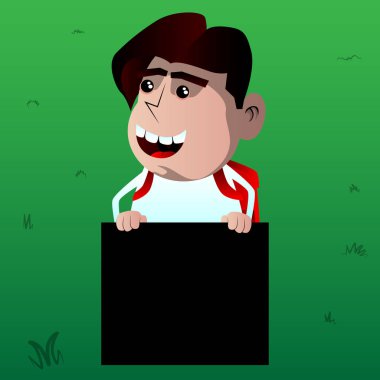 Okul çocuğu holding boş siyah işareti. Vektör çizgi film karakteri çizim.