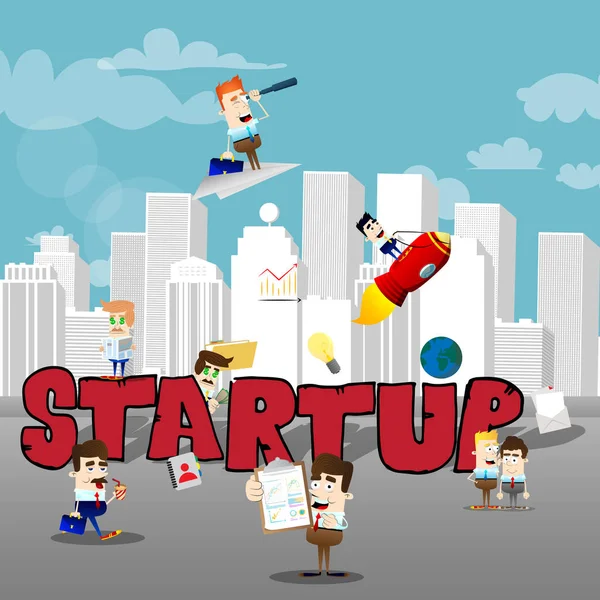 Cartoon Little Business People Word Startup Miniature Scene Businessmen City — Stock Vector