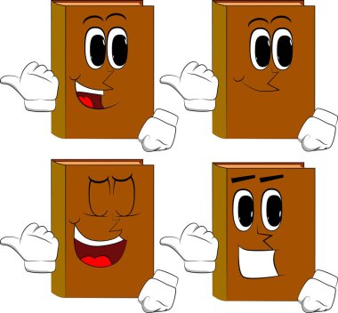 Arkasında işaret eden bir ele kitaplarla. Karikatür kitap koleksiyonu ile mutlu yüzler. İfadeler kümesi vektör.