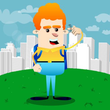 Okul çocuğu gösterir bir parmağını onun Tapınağı büküm tarafından fındık jest olduğunu. Vektör çizgi film karakteri çizim.