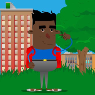 Okul çocuğu gösterir bir parmağını onun Tapınağı büküm tarafından fındık jest olduğunu. Vektör çizgi film karakteri çizim.