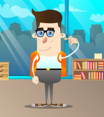 Okul çocuğu gösterir bir parmağını onun Tapınağı büküm tarafından fındık jest olduğunu. Vektör çizgi film karakteri çizim.