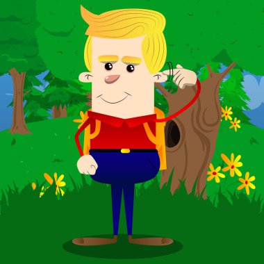 Okul çocuğu gösterir bir parmağını onun Tapınağı büküm tarafından fındık jest olduğunu. Vektör çizgi film karakteri çizim.