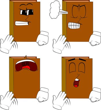 Kendi eliyle soğutma kitaplar. Kızgın ve üzgün yüzlerle karikatür kitap koleksiyonu. İfadeler kümesi vektör.