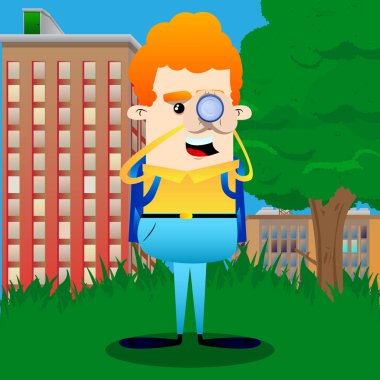 Dürbün onun elinde tutan okul çocuğu. Vektör çizgi film karakteri çizim.