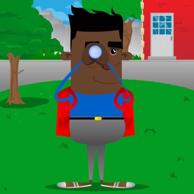 Dürbün onun elinde tutan okul çocuğu. Vektör çizgi film karakteri çizim.