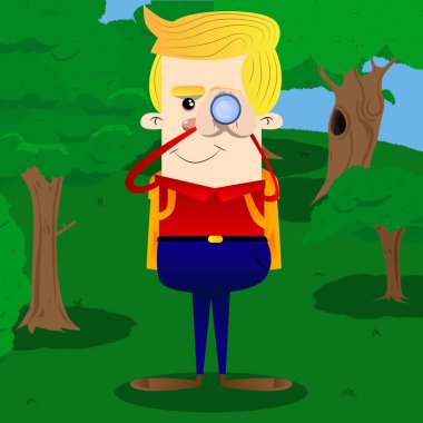 Dürbün onun elinde tutan okul çocuğu. Vektör çizgi film karakteri çizim.