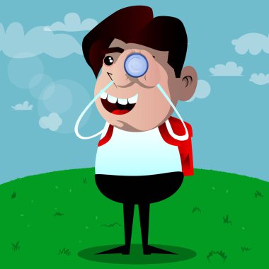 Dürbün onun elinde tutan okul çocuğu. Vektör çizgi film karakteri çizim.