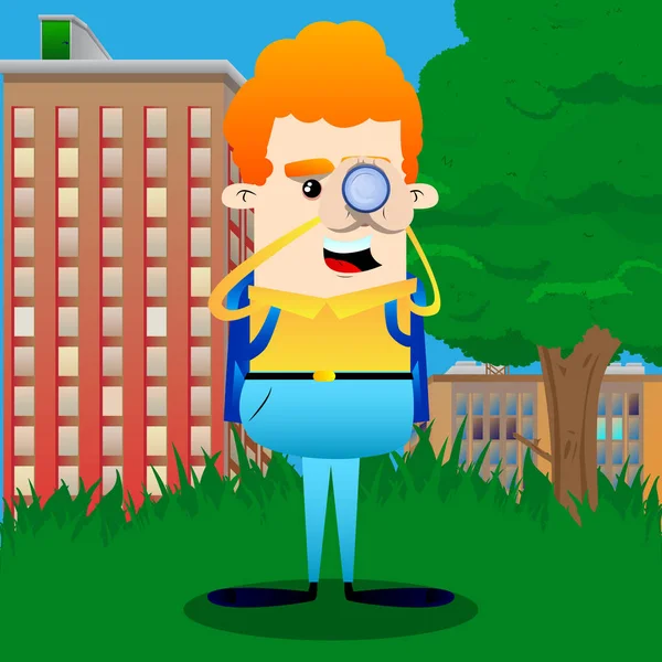 Dürbün onun elinde tutan okul çocuğu. Vektör çizgi film karakteri çizim.
