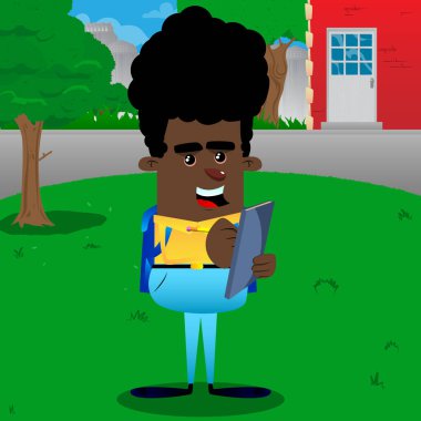 Bir kitap kapağında yazma okul çocuğu. Vektör çizgi film karakteri çizim.