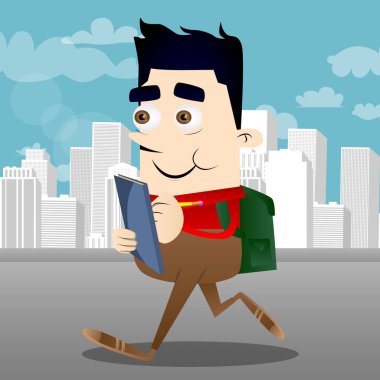 Bir kitap kapağında yazma okul çocuğu. Vektör çizgi film karakteri çizim.