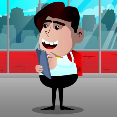 Bir kitap kapağında yazma okul çocuğu. Vektör çizgi film karakteri çizim.