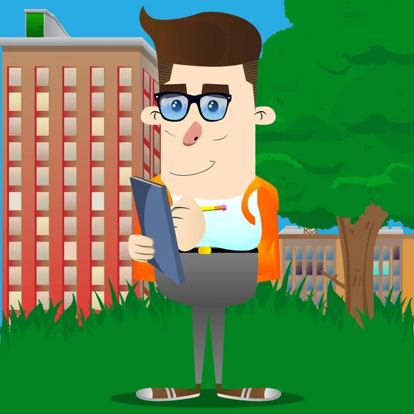 Bir kitap kapağında yazma okul çocuğu. Vektör çizgi film karakteri çizim.