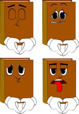 Kitap kalp şekli ile jest ver. Karikatür kitap koleksiyonu ile yüzleri üzgün. İfadeler kümesi vektör.