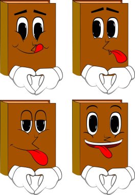 Kitap kalp şekli ile jest ver. Karikatür kitap koleksiyonu ile mutlu yüzler. İfadeler kümesi vektör.