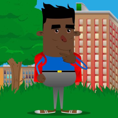 Düşünme veya onun sol tarafına işaret okul çocuğu. Vektör çizgi film karakteri çizim.