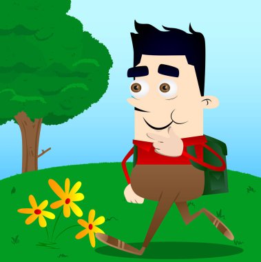 Düşünme veya onun sol tarafına işaret okul çocuğu. Vektör çizgi film karakteri çizim.