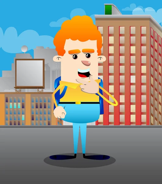 Düşünme veya onun sol tarafına işaret okul çocuğu. Vektör çizgi film karakteri çizim.