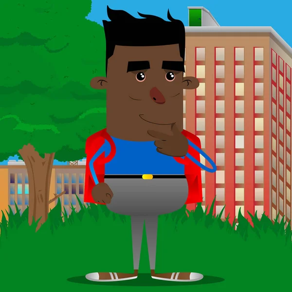 Düşünme veya onun sol tarafına işaret okul çocuğu. Vektör çizgi film karakteri çizim.