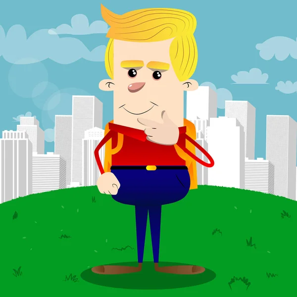 Düşünme veya onun sol tarafına işaret okul çocuğu. Vektör çizgi film karakteri çizim.