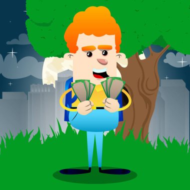 Holding ya da para faturaları gösterilen okul çocuğu. Vektör çizgi film karakteri çizim.