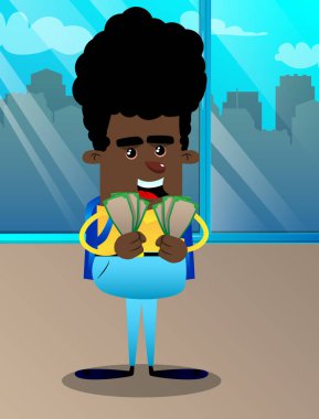 Holding ya da para faturaları gösterilen okul çocuğu. Vektör çizgi film karakteri çizim.