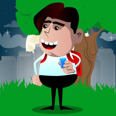 Konyak içmeye okul çocuğu. Vektör çizgi film karakteri çizim.