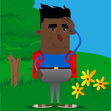 Elini başının üstüne koyarak okul çocuğu. Vektör çizgi film karakteri çizim.