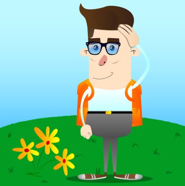 Elini başının üstüne koyarak okul çocuğu. Vektör çizgi film karakteri çizim.